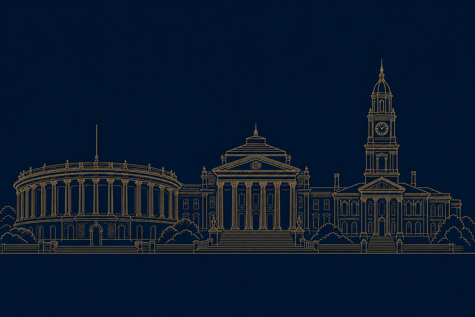 Illustration of parliament, university, and town hall architecture